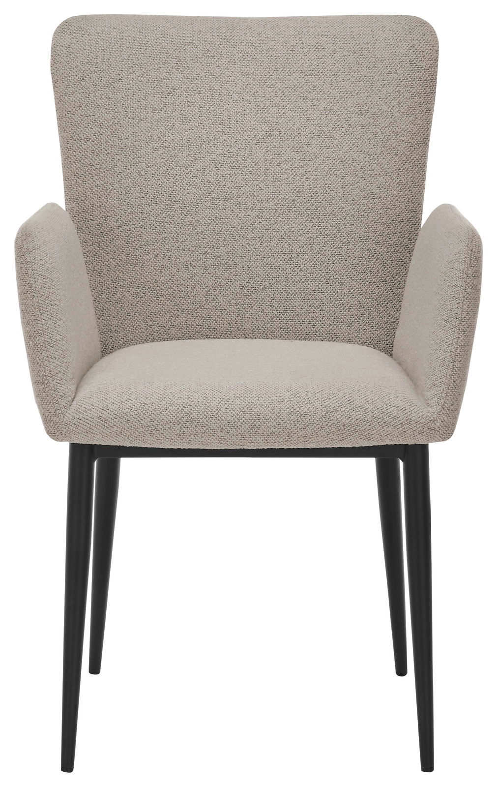 Frontansicht eines modernen Armlehnstuhls mit hellgrauem Stoffbezug und schwarzen Beinen.