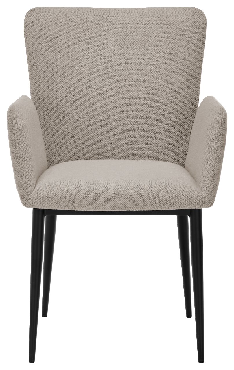 Vooraanzicht van een moderne fauteuil met een lichtgrijze stoffen bekleding en zwarte poten.