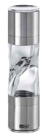 Gewürzschneider und Mühle DUOS aus Edelstahl und Glas, seitliche Ansicht