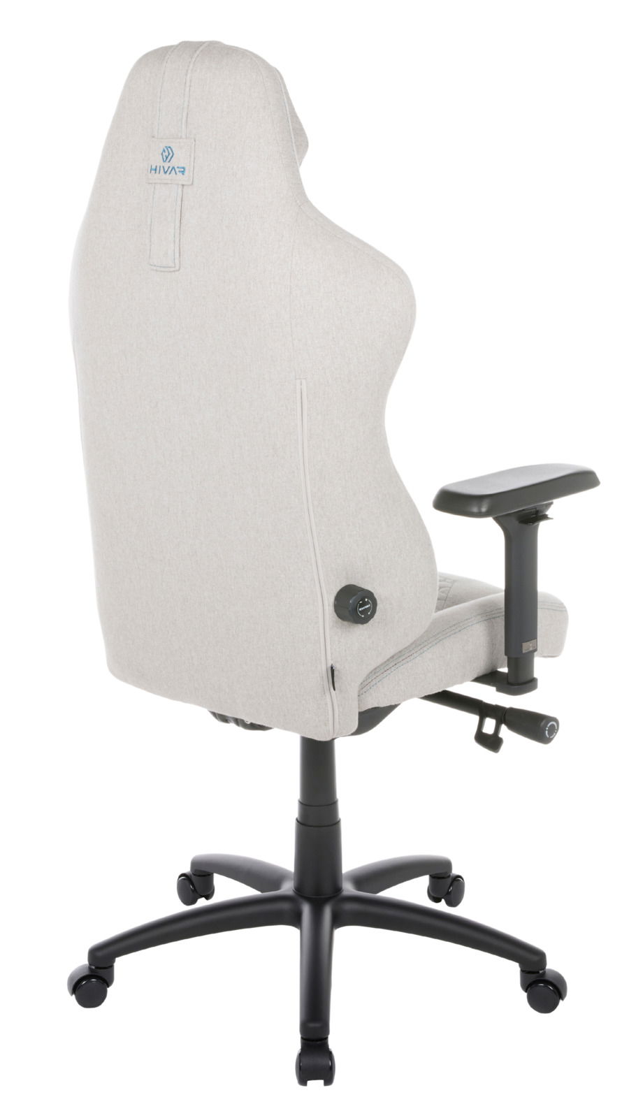 Rückansicht eines beigen Gaming-Stuhls mit verstellbarer Armlehne und stabiler schwarzer Basis.