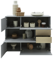 Frontale Ansicht des Highboards Voleo NAOMI mit offenen Türen und Schubladen, dekoriert mit Vasen und Körben.