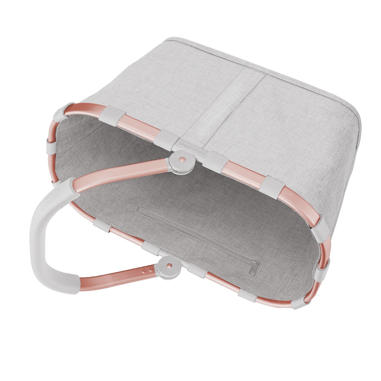 Grauer Einkaufskorb mit rosafarbenem Rahmen, von oben betrachtet.