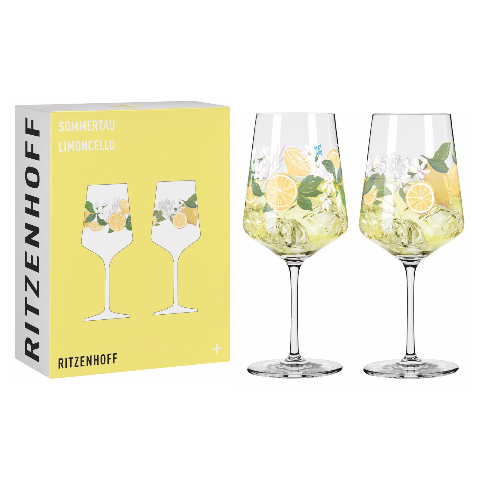 Zwei elegante Limoncello-Gläser mit Zitronen- und Blumenmotiv, frontal vor gelber Verpackung präsentiert.