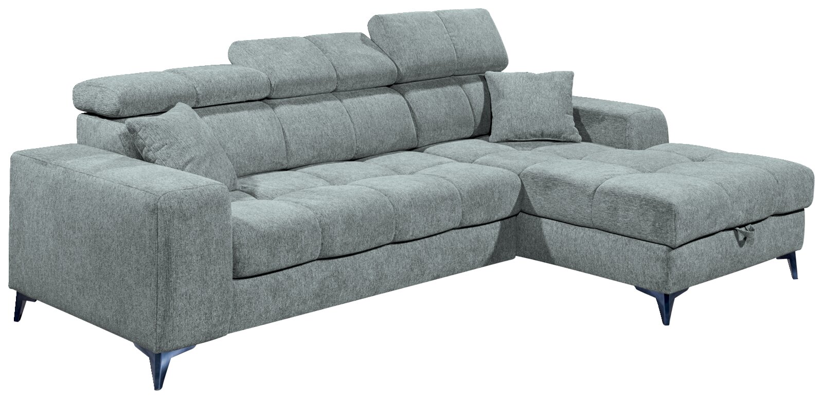 Graues Ecksofa mit verstellbaren Kopfstützen und einem Kissen, Perspektive von vorne links