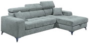 Graues Ecksofa mit verstellbaren Kopfstützen und einem Kissen, Perspektive von vorne links