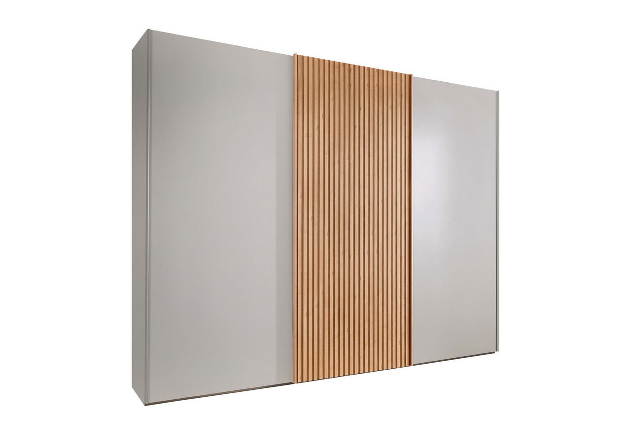 Novel Schwebetürenschrank TEXAS Moderner Schwebetürenschrank mit grauen Türen und einer mittleren Holzlamellenverkleidung, seitliche Perspektive