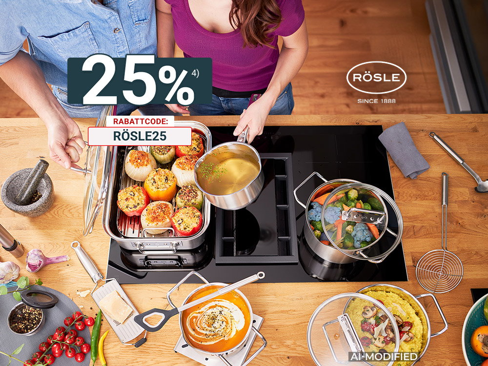 Zwei Personen kochen mit Töpfen, Bräter und frischem Gemüse in einer modernen Küche. KI-generiert