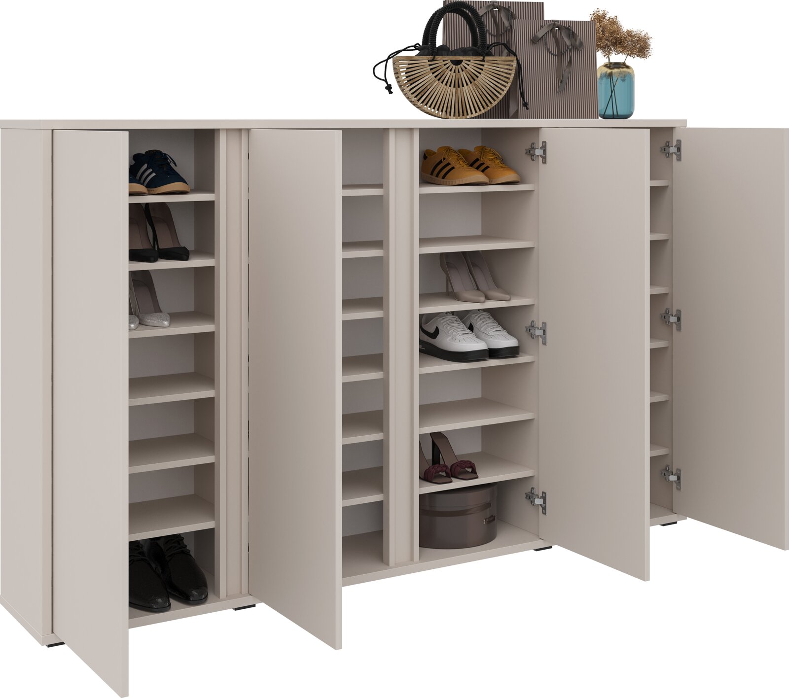 Schuhschrank mit mehreren offenen Türen, gefüllt mit verschiedenen Schuhen, aus einer frontalen Perspektive.