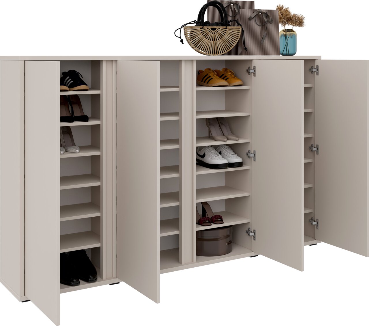 Schuhschrank mit mehreren offenen Türen, gefüllt mit verschiedenen Schuhen, aus einer frontalen Perspektive.