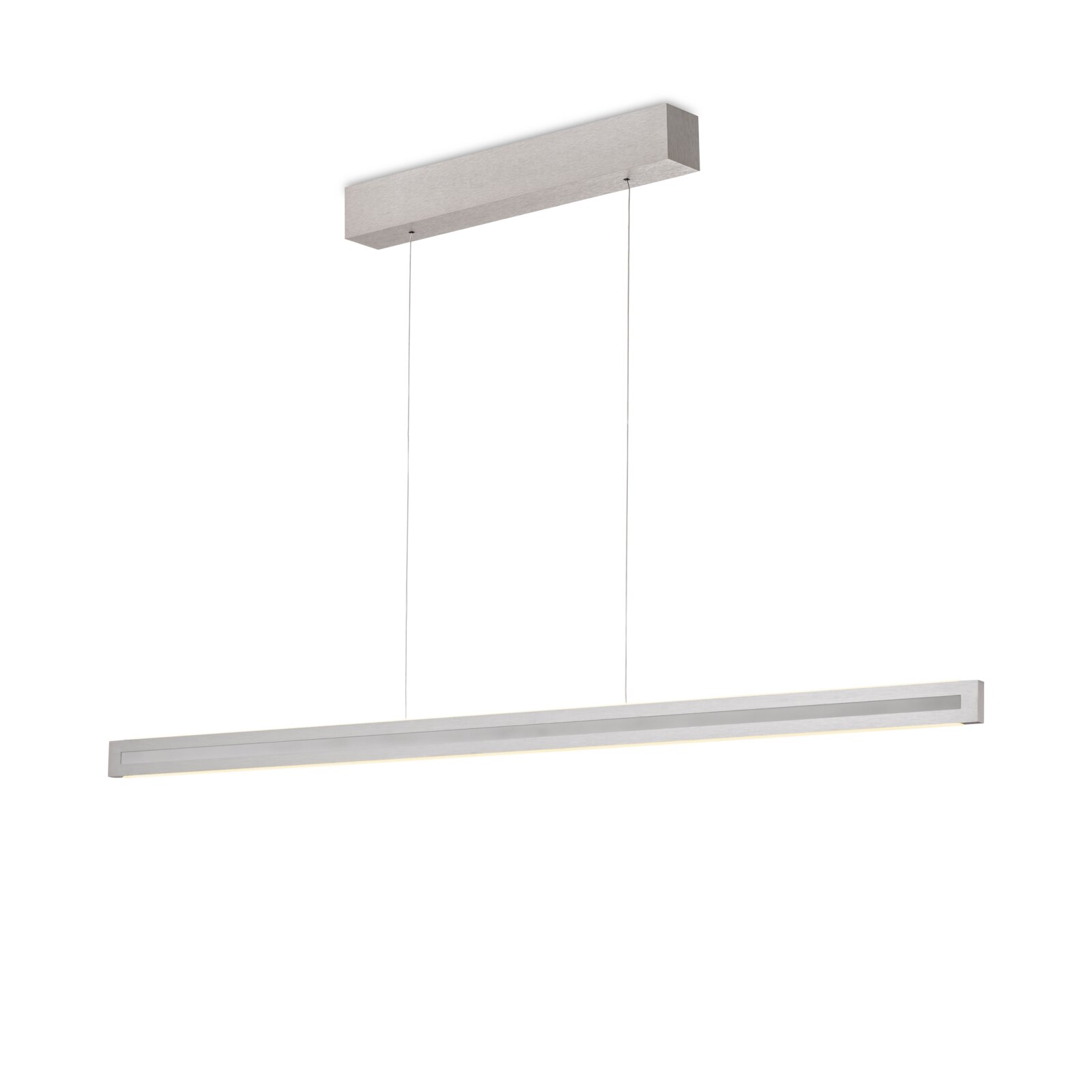 Moderne lineare LED-Pendelleuchte in gebürstetem Silber mit schlankem Leuchtenbalken und rechteckigem Deckenbaldachin, perspektivisch von vorne und leicht unten dargestellt