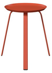 Moderner, roter Beistelltisch mit runder Tischplatte und drei Beinen, seitliche Perspektive.