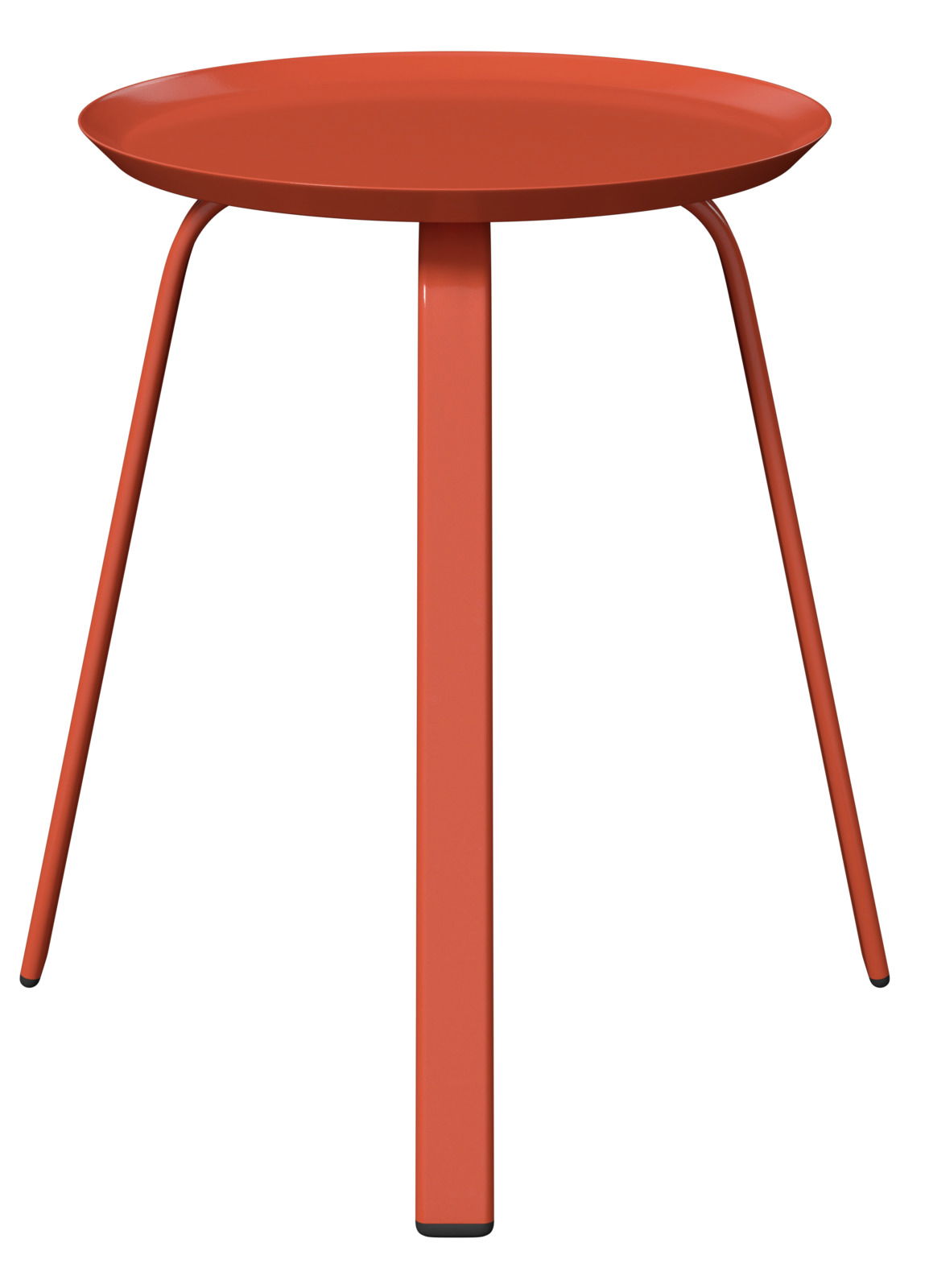 Moderner, roter Beistelltisch mit runder Tischplatte und drei Beinen, seitliche Perspektive.