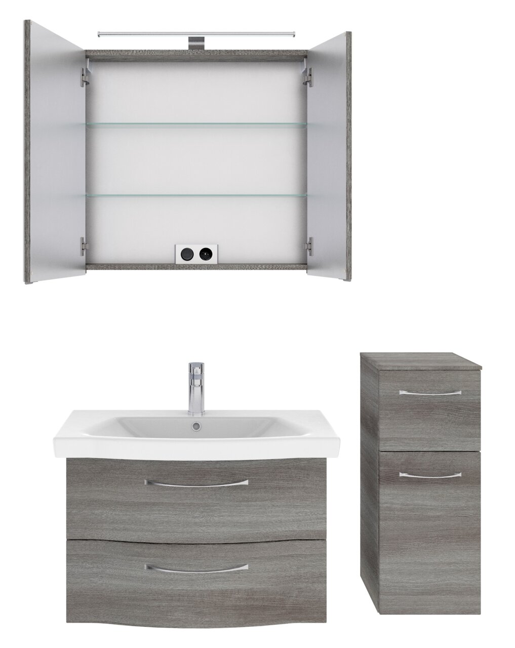 Badezimmermöbel-Set bestehend aus einem Spiegelschrank mit Beleuchtung, einem Waschbeckenunterschrank mit zwei Schubladen und einem hohen Seitenschrank, frontal abgebildet.