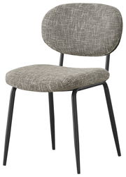 Moderner Stuhl mit gepolstertem Sitz und Rückenlehne in grauem Stoff, schwarzes Metallgestell, seitliche Perspektive