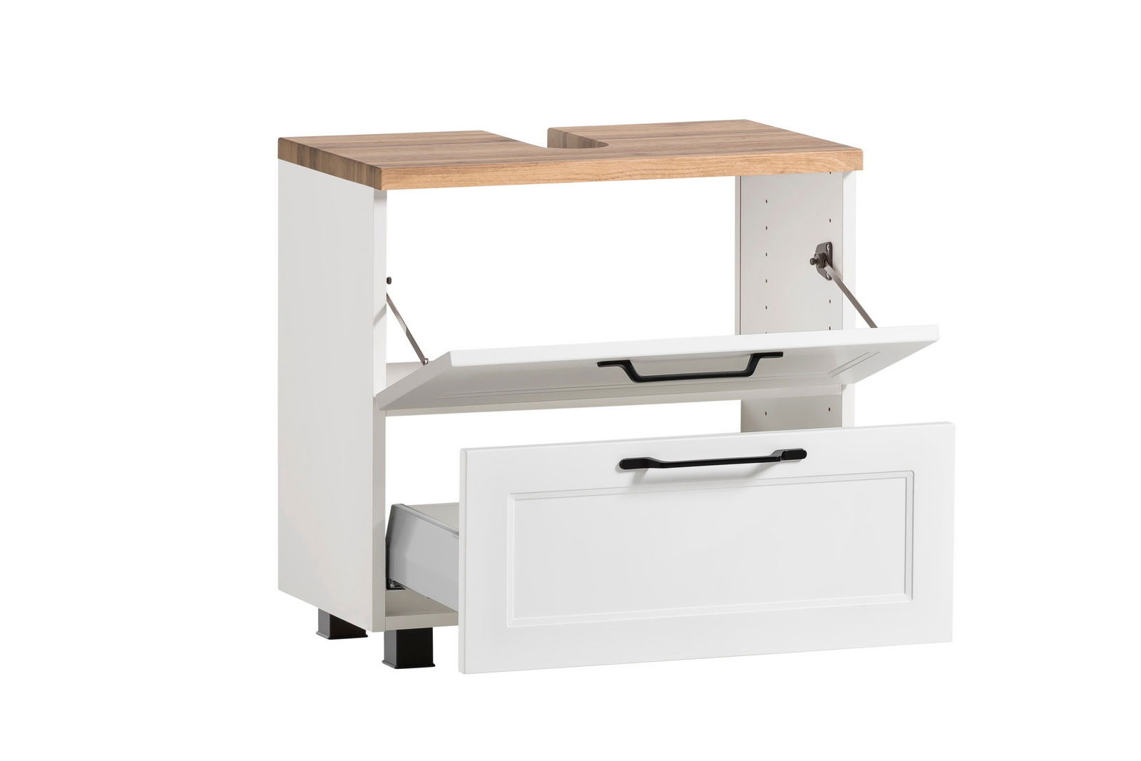 Weißer Waschbeckenunterschrank mit Holzplatte und zwei offenen Schubladen, seitliche Perspektive