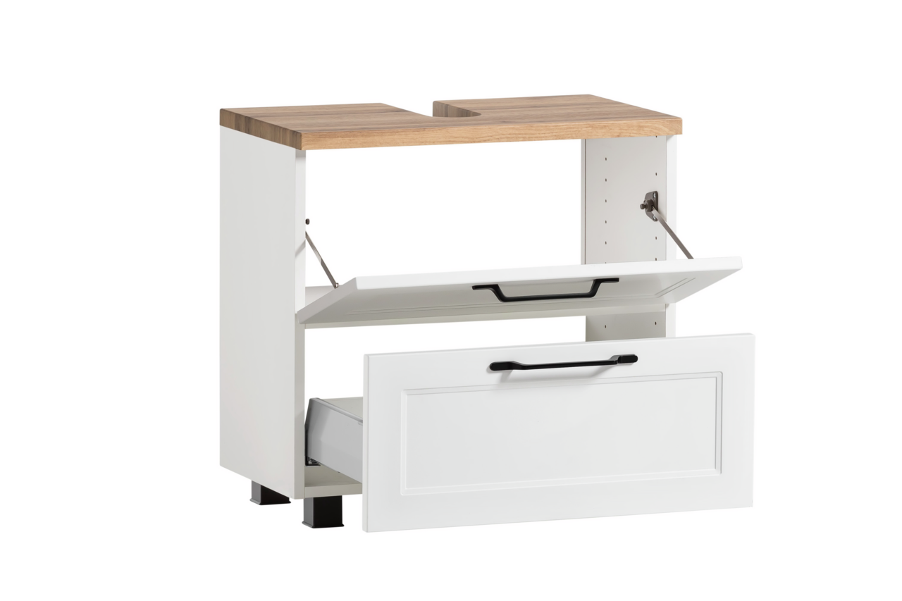 Weißer Waschbeckenunterschrank mit Holzplatte und zwei offenen Schubladen, seitliche Perspektive