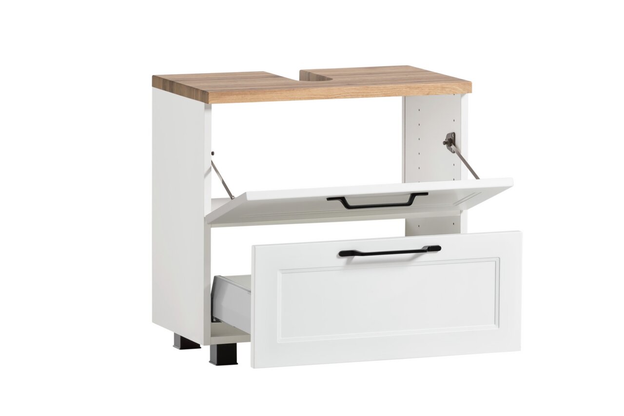 Weißer Waschbeckenunterschrank mit Holzplatte und zwei offenen Schubladen, seitliche Perspektive