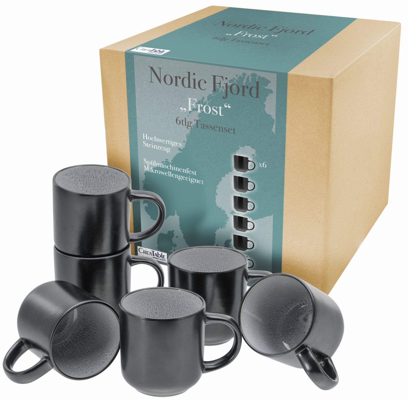 Nordic Fjord „Frost“ 6-teiliges Tassenset aus hochwertigem Steinzeug von CreaTable, schwarze Tassen mit grauer Innenstruktur vor der Verpackungsbox, schräg von vorne fotografiert.