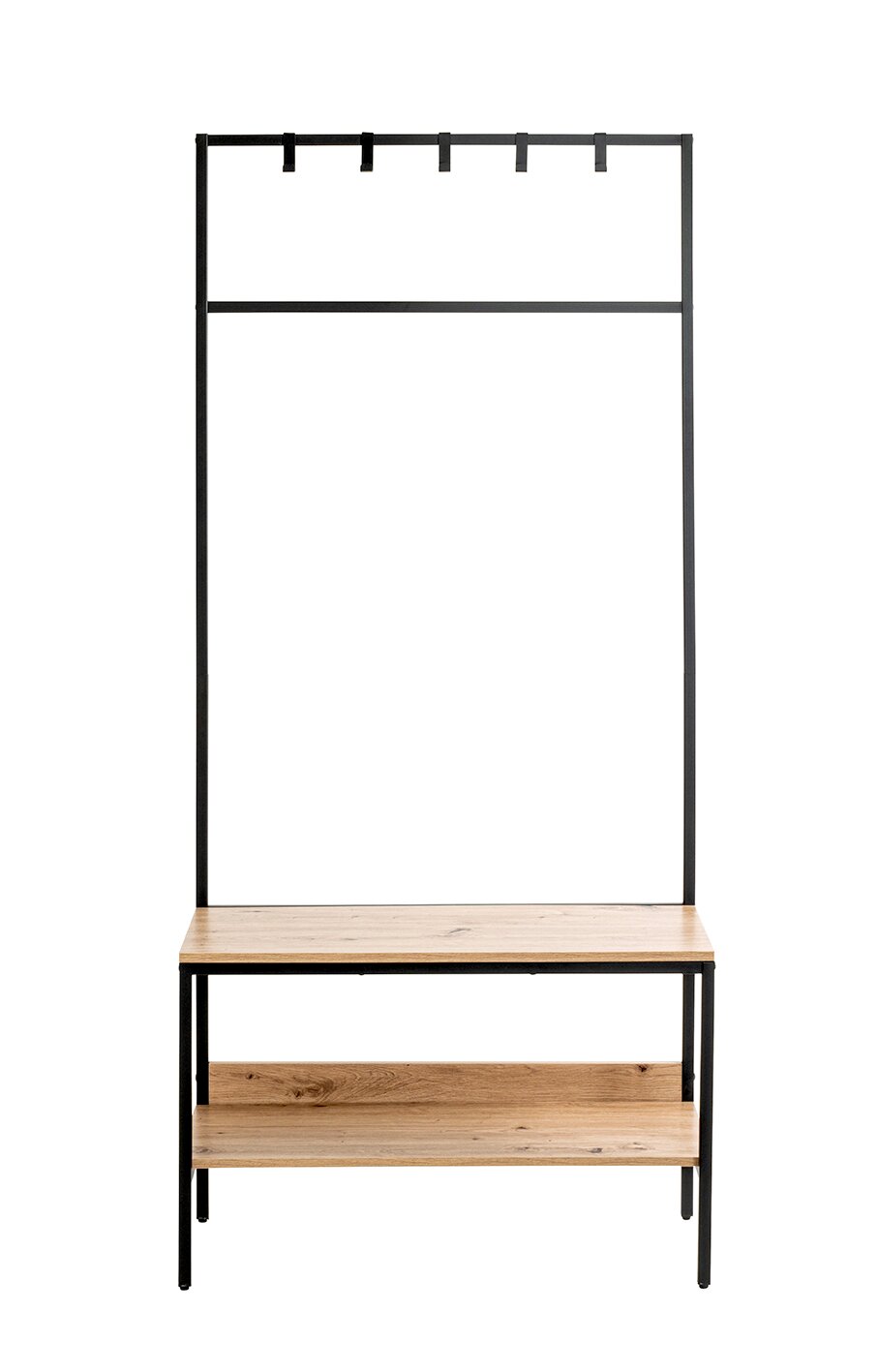 Schwarze Metall-Garderobe mit Holzbank und Ablage, mit Hakenleiste oben, frontal von vorne fotografiert