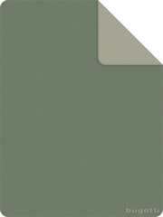 Grüne Jacquard Decke 150x200cm mit umgeschlagener Ecke, Markenname 'bugatti' sichtbar, Draufsicht