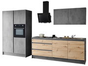 Moderner Küchenblock Premium 335 in grauer und holzfarbener Optik, bestehend aus Hochschrank mit integriertem Backofen, Dunstabzugshaube, Hängeschrank und Unterschrank mit Spüle, aus frontaler Perspektive.