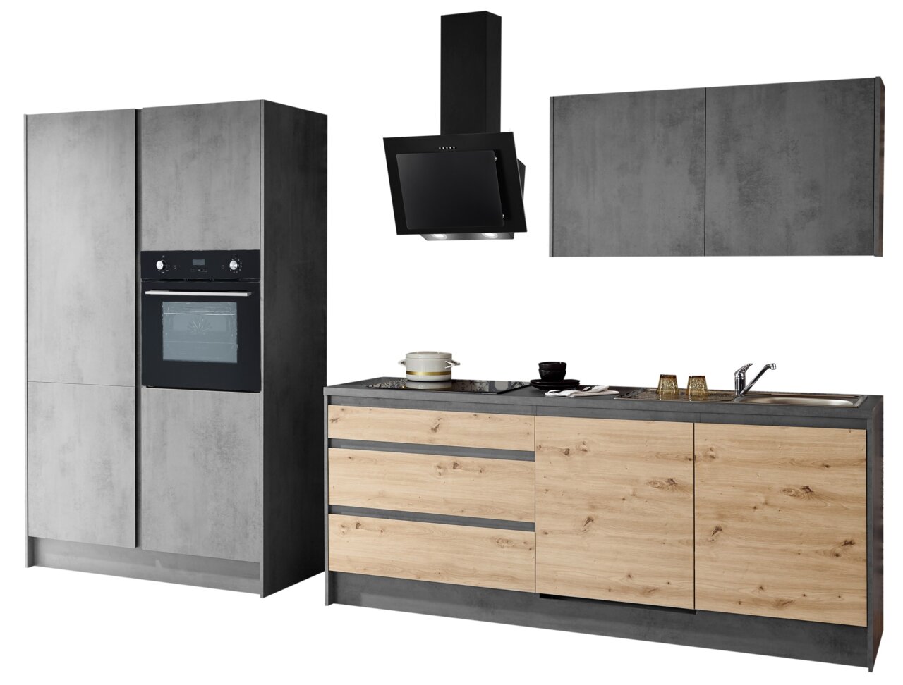 Yourkitchen Keukenblok Premium 335 TROJA Modern keukenblok Premium 335 in grijze en houtkleurige uitvoering, bestaande uit een hoge kast met ingebouwde oven, afzuigkap, hangkast en onderkast met spoelbak, gezien vanaf de voorkant.