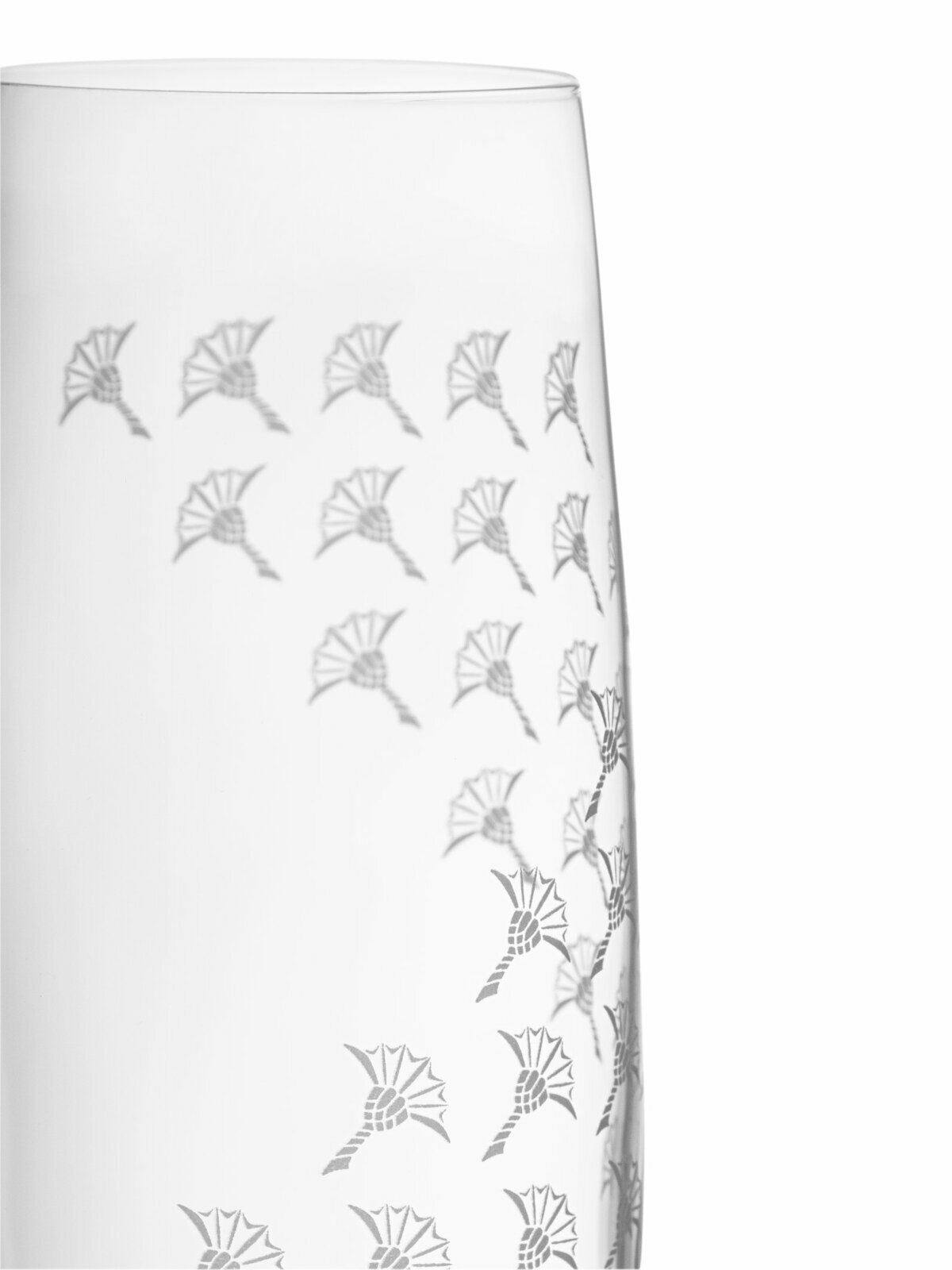 Nahaufnahme eines Champagnerglases mit mattem weißen Muster und filigranen Verzierungen, seitliche Perspektive