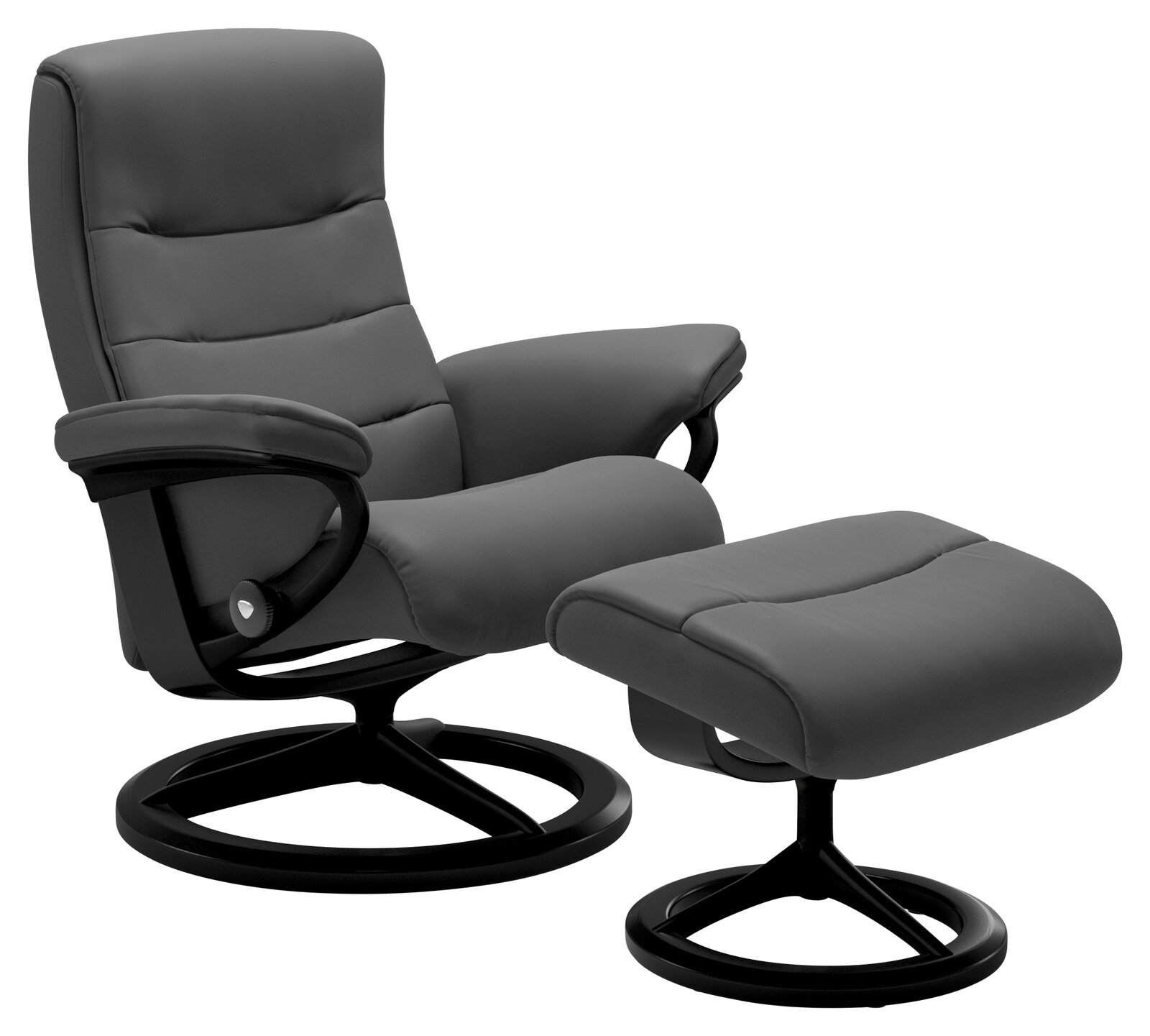 Grauer Einzelsessel mit passendem Hocker, seitliche Perspektive