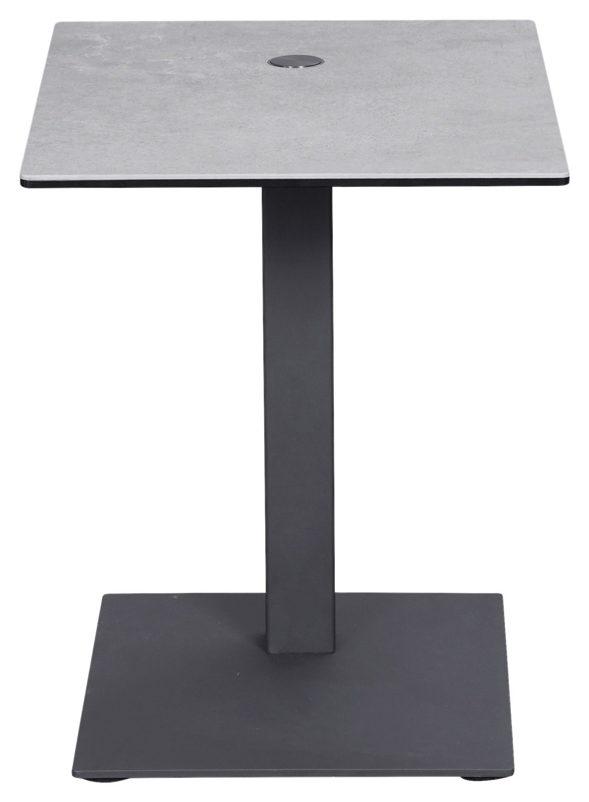 Moderner Beistelltisch mit quadratischer grauer Tischplatte und schwarzem Metallgestell, Frontalansicht.