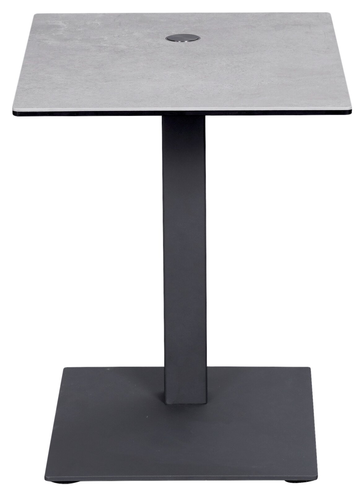 Moderner Beistelltisch mit quadratischer grauer Tischplatte und schwarzem Metallgestell, Frontalansicht.