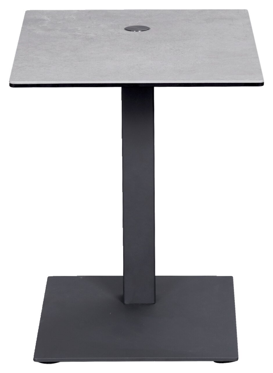 Moderner Beistelltisch mit quadratischer grauer Tischplatte und schwarzem Metallgestell, Frontalansicht.