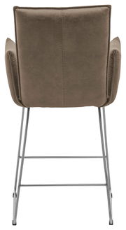 Rückansicht eines Barsessels mit braunem Stoffbezug und Metallgestell.