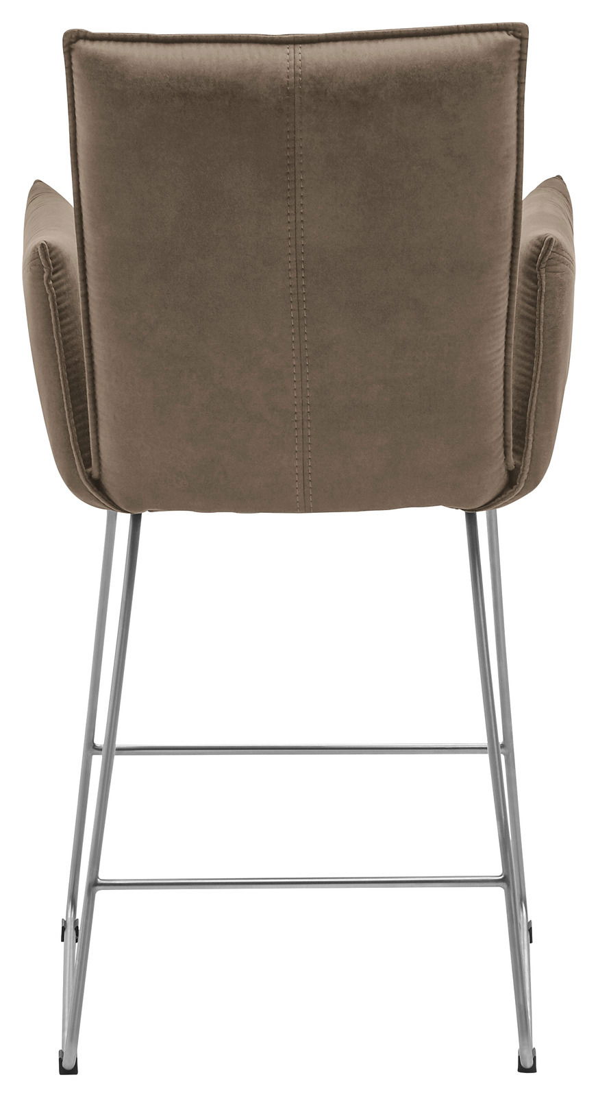 Rückansicht eines Barsessels mit braunem Stoffbezug und Metallgestell.