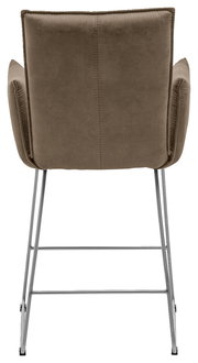 Rückansicht eines Barsessels mit braunem Stoffbezug und Metallgestell.