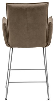 Rückansicht eines Barsessels mit braunem Stoffbezug und Metallgestell.