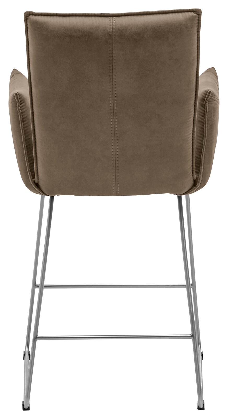 Rückansicht eines Barsessels mit braunem Stoffbezug und Metallgestell.
