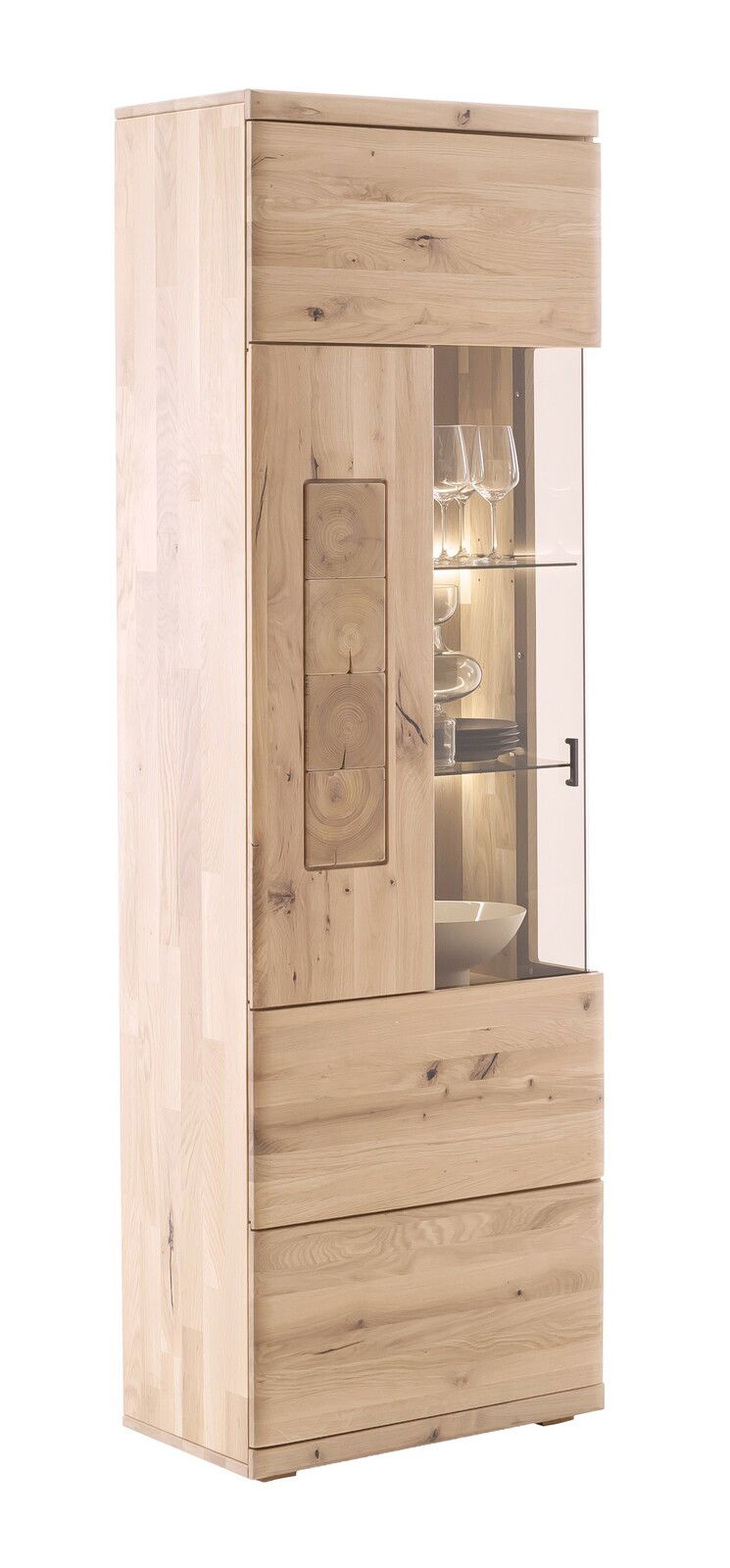 Holzvitrine mit Glastür, seitliche Perspektive, zeigt innenliegende Glasregale mit Geschirr.