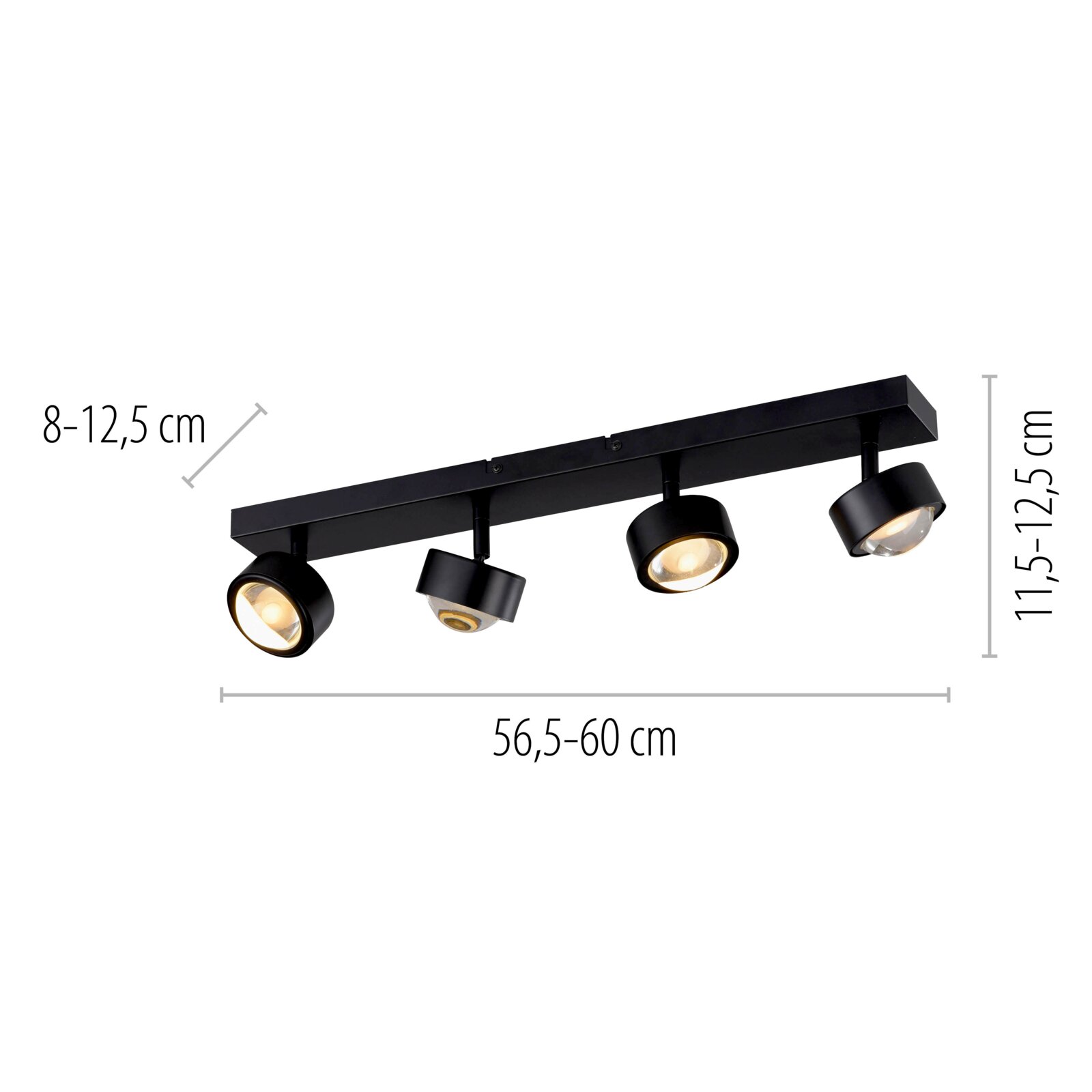 Schwarze Deckenleuchte mit vier verstellbaren Spotstrahlern auf rechteckiger Schiene, Längenmaß 56,5–60 cm und Höhe 11,5–12,5 cm, schräg von unten aus der Frontansicht fotografiert.