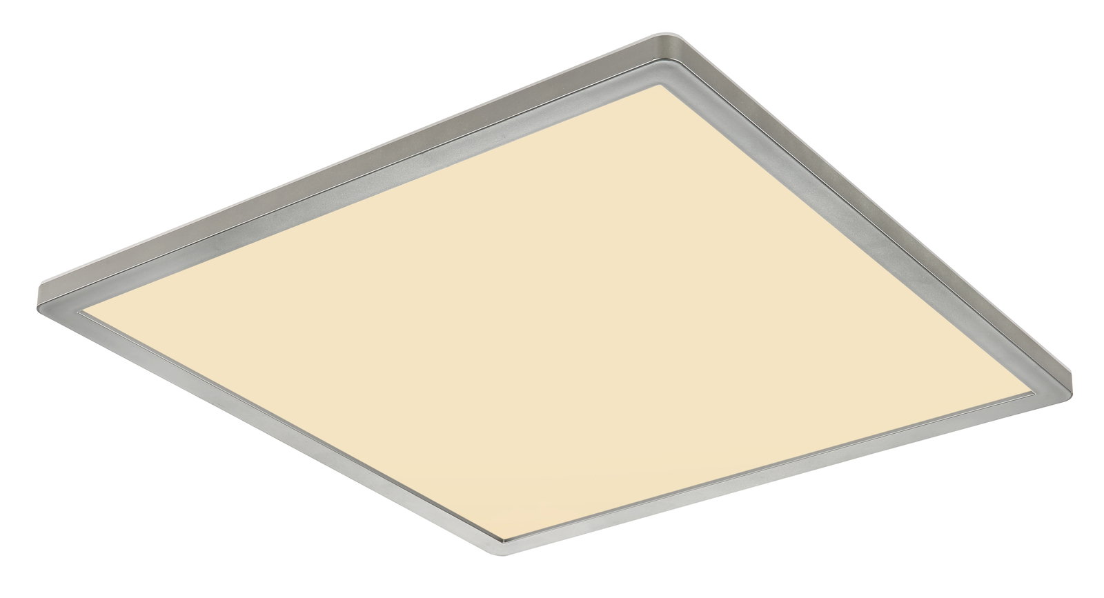 Quadratische Deckenleuchte SAPANA in Seitenansicht mit silbernem Rahmen und cremefarbener Lichtfläche