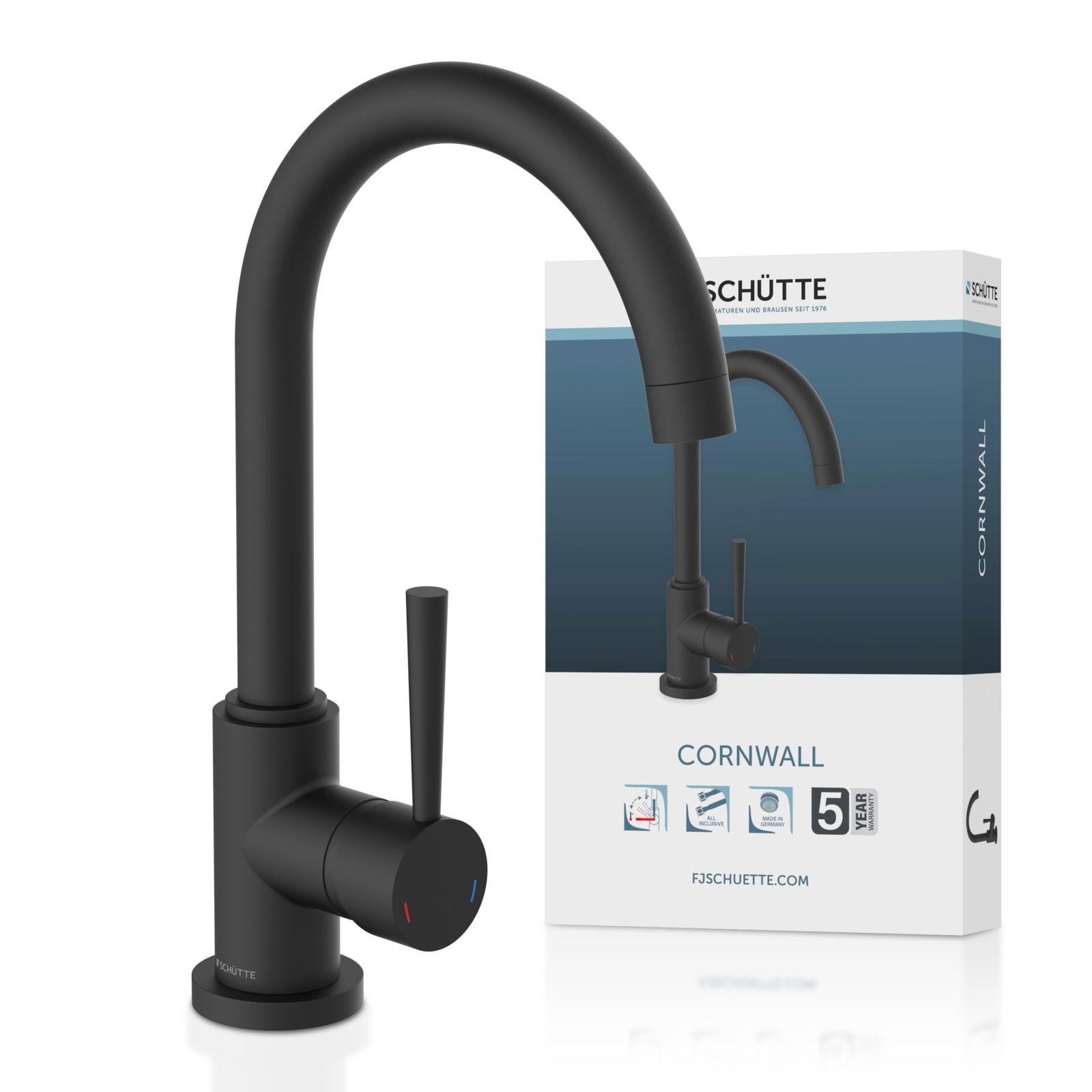 Schütte Spültischarmatur CORNWALL Schwarze Spültischarmatur mit gebogenem Auslauf und Einhebelmischer, seitliche Perspektive, vor Produktverpackung.