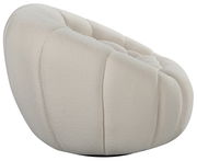 Beiger, gepolsterter Sessel in seitlicher Perspektive mit weicher, runder Form und texturierter Oberfläche.