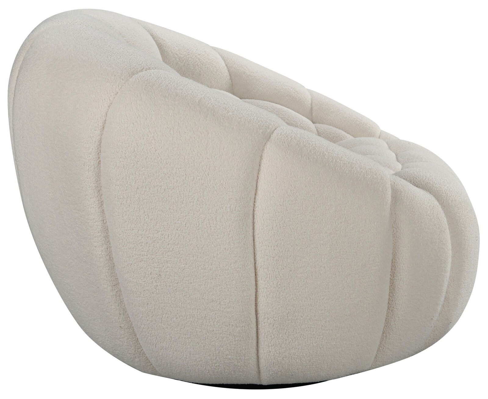 Beiger, gepolsterter Sessel in seitlicher Perspektive mit weicher, runder Form und texturierter Oberfläche.