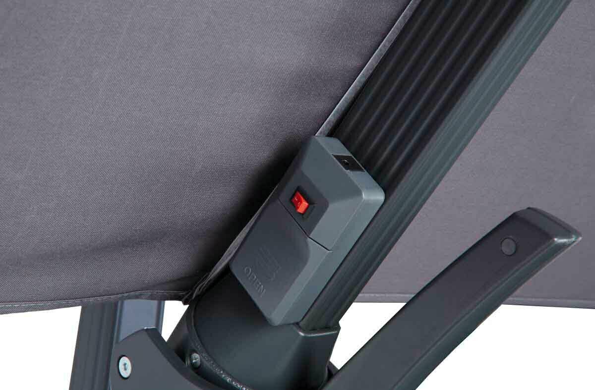 Nahaufnahme eines grauen Ampelschirms mit Bedienungshebel und rotem Knopf, seitliche Perspektive