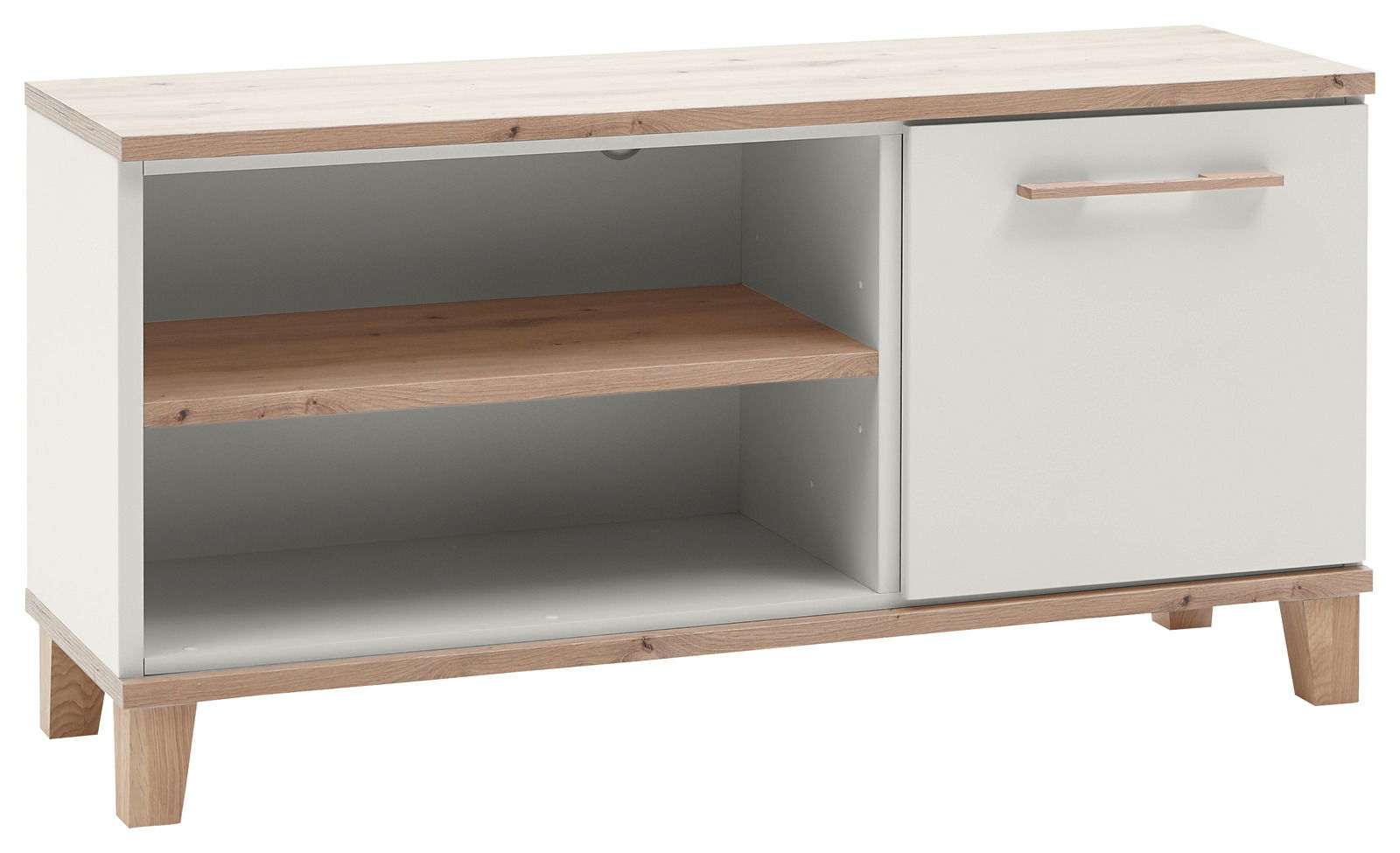 TV-Element in Holzoptik mit weißem Korpus, einer offenen Ablage und einer Tür, Perspektive von vorne links