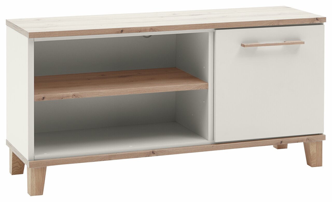 TV-Element in Holzoptik mit weißem Korpus, einer offenen Ablage und einer Tür, Perspektive von vorne links