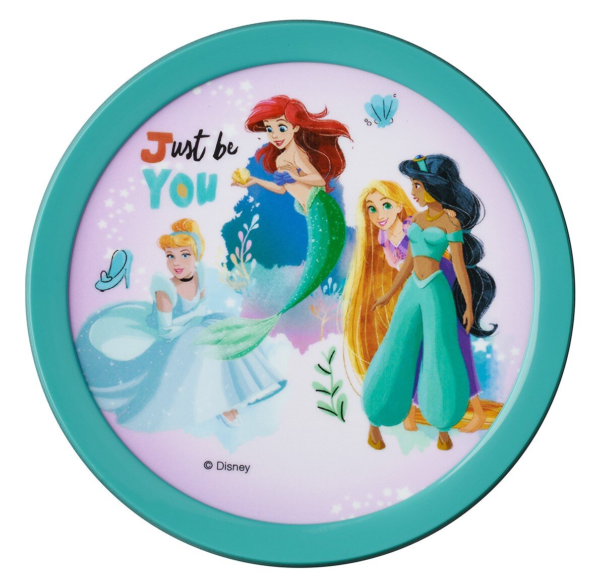 Ronde lunchbox met een ontwerp van Disney-prinsessen, waaronder Ariel, Assepoester, Rapunzel en Jasmine, gezien vanuit vogelperspectief.