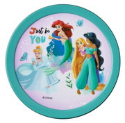 Ronde lunchbox met een ontwerp van Disney-prinsessen, waaronder Ariel, Assepoester, Rapunzel en Jasmine, gezien vanuit vogelperspectief.