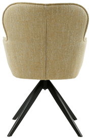 Rückansicht eines Armlehnstuhls mit beigem Stoffbezug und schwarzen Metallbeinen.