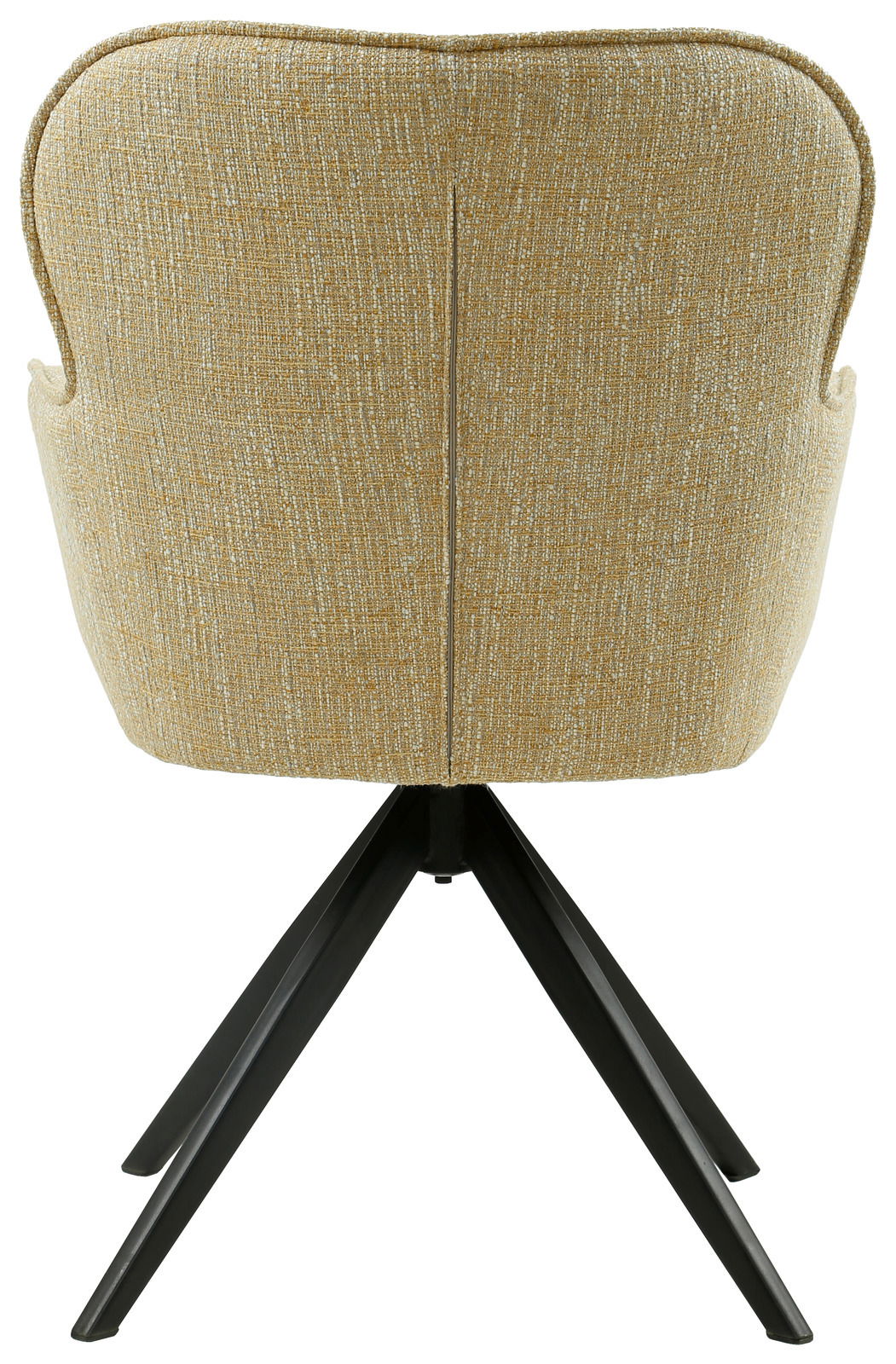 Rückansicht eines Armlehnstuhls mit beigem Stoffbezug und schwarzen Metallbeinen.