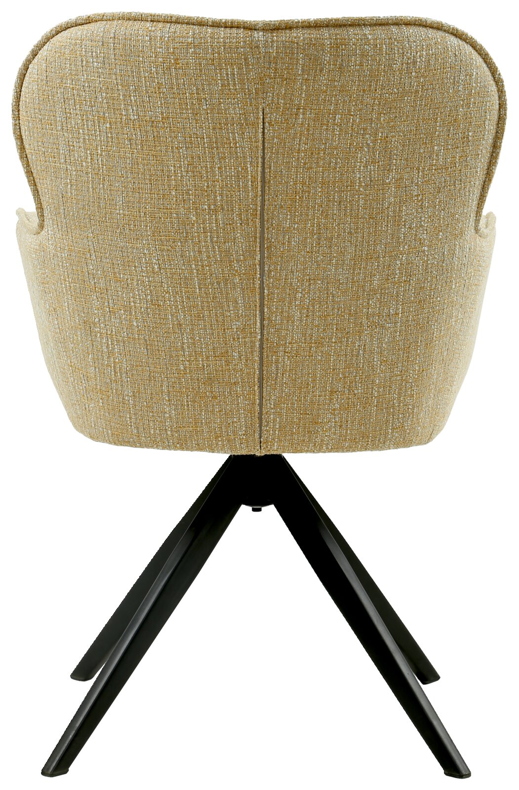 Achterkant van een fauteuil met een beige stoffen bekleding en zwarte metalen poten.